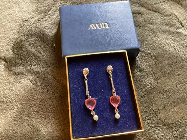 Avon Pink Crystal Silver Tone Pearl Dangle Drop Earrings Vintage NIB