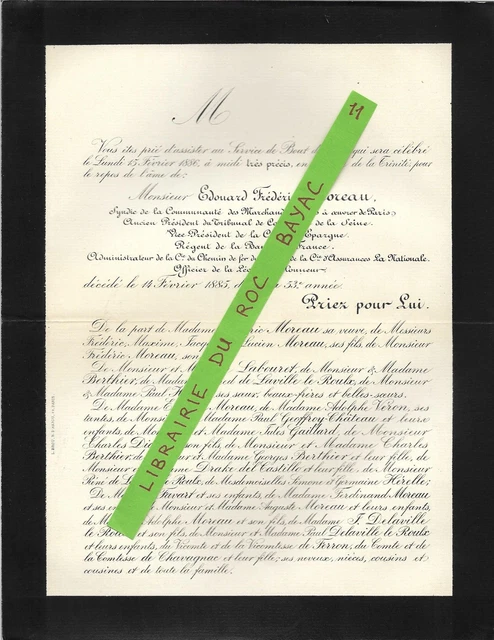 FAIRE PART DECES Service de Bout de l'An + Edouard Frédéric MOREAU + 1886 Paris