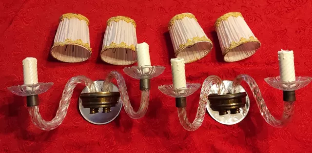 Paire d'appliques double bras pivotant verre torsadé  + abat-jour MURANO ? 1950