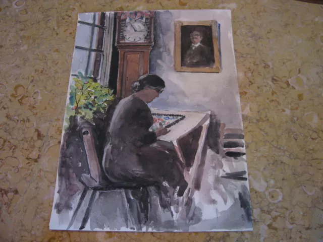 Vtg Antique Early 20th Cent. E A Trego Watercolor Painting of Woman Drawing