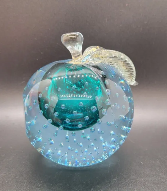 Alfredo Barbini Style Hand Blown Art Glass Bubble Murano Italy Blue Apple Gold 3
