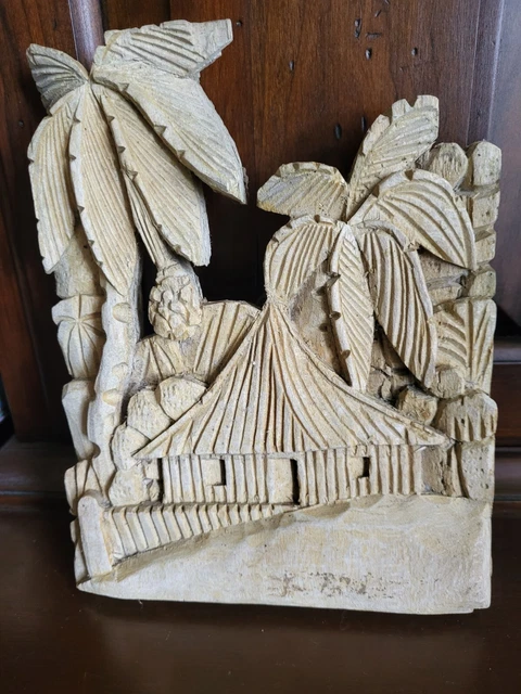 Hand Carved Wooden Relief Panel of Palm Trees, Hut With Dock
