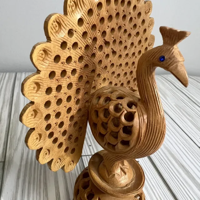 Wooden Peacock Figurine Statue Hand carved Blue eyes Statement piece 6”