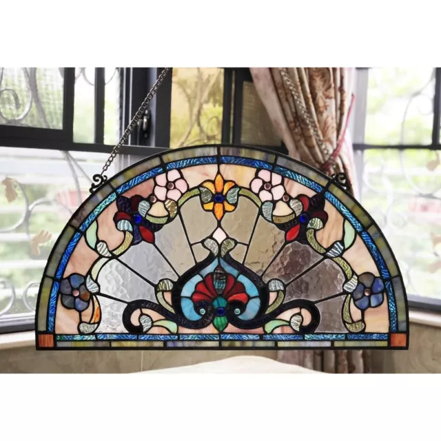 24" Wide Tiffany Style Victorian Stained Glass Window Panel Demi Lune Half Moon