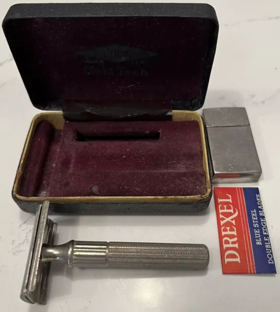 Vintage Gillette Gold Tech Safety Razor Set in Case 1940's