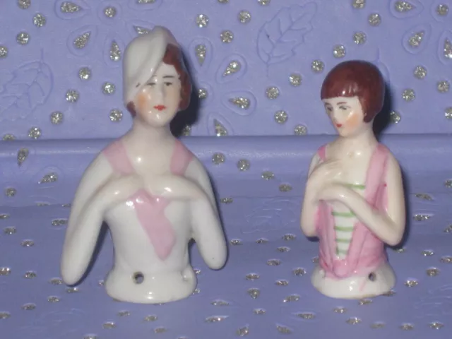 LOT de 2 ANCIENNES DEMI FIGURINES POUPEE  HALF DOLL PORCELAINE 5 cm ART DECO