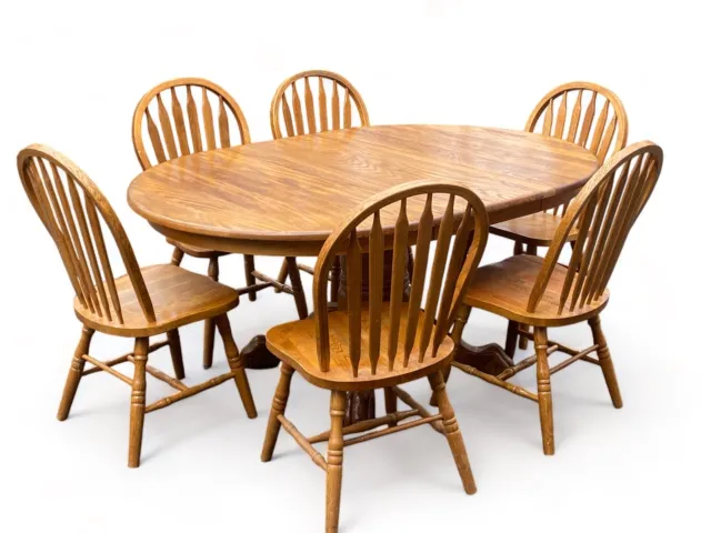 8 PC Oak Farmhouse Vintage Dining Table Set w/ 6 Windsor Chairs & extended Leaf