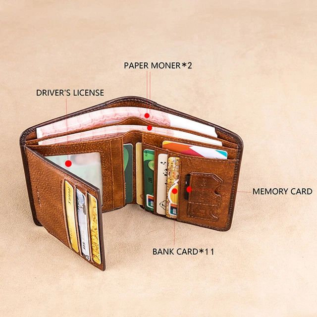Genuine Leather Men Bifold/Trifold Wallet RFID Blocking Credit card Holder Retro 6