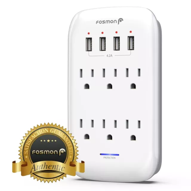 6 Outlet Extender 1225J Surge Protector With 4 USB Charger Port Wall Adapter Tap