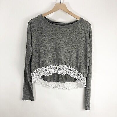 Bethany Mota gray cropped white lace trimmed sweater top long sleeved M