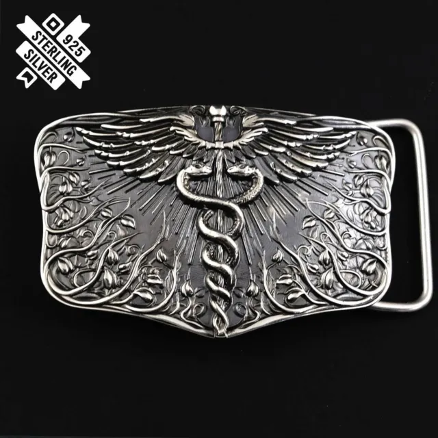 Medizinische Gürtelschnalle aus 925er Sterlingsilber, Caduceus, Physician...