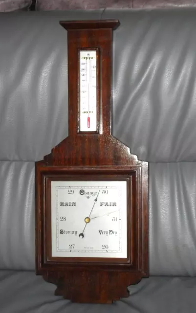 HANDSOME LARGE SIZE ART DECO 1930s WILSON  MAHOGANY WALL BAROMETER THERMOMETER