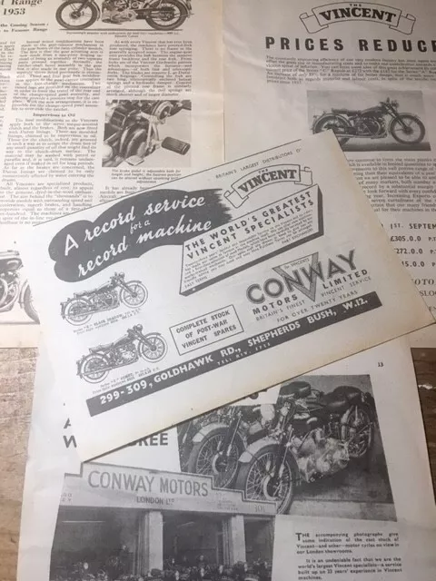 VINCENT 1952 ORIGINAL B/W ADVERTISEMENT x 3 + FOUR MODEL RANGE 1 PAGE ARTICLE