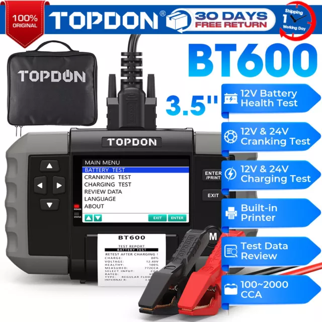 Testeur de Batterie TOPDON BT300P12V 24V Testeur batterie voiture  professionnel Analyseur de système de démarrage avec imprimante intégrée  pour