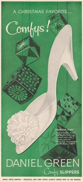 1958 Daniel Green Comfy Slippers Vtg Print Ad Christmas Green Powder Puff Mules