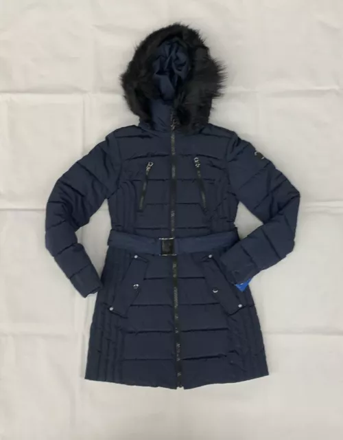 Nautica Faux Fur Trim Hooded Belted Puffer Coat Women's Small Navy Seas Winter 2