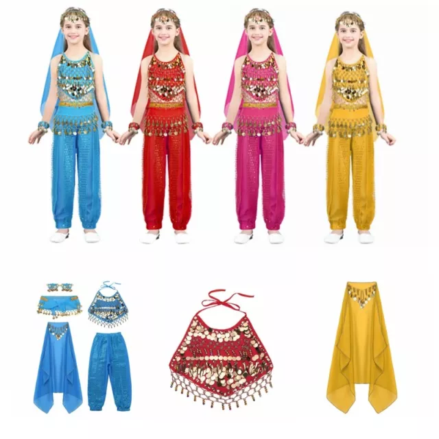 Girls Kids Belly Dance Top Pants Outfit Halloween Costume Performance+Headwear