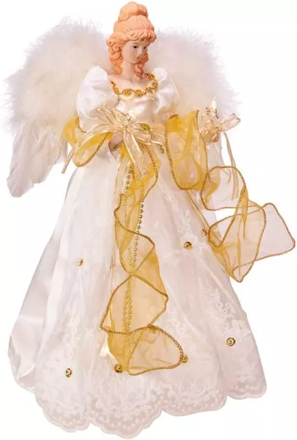 Kurt S. Adler Battery-Operated Ivory and Gold LED Angel Treetop, 14in, White