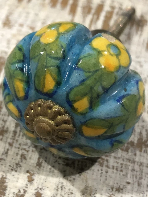 Hand Painted Ceramic Door/Knob Pull Floral Motif Brass Hardware