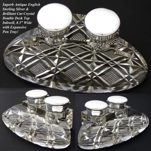 HUGE Elegant Antique English Sterling Silver & Cut Crystal 8.5" Double Inkwell 2