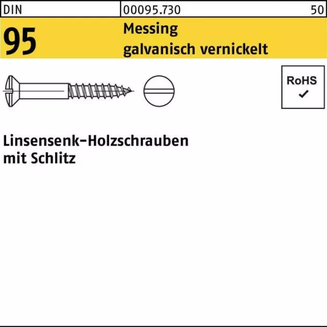 Holzschraube DIN 95 Linsensenkkopf Schlitz 3 x 10 Messing galvanisch vernickelt