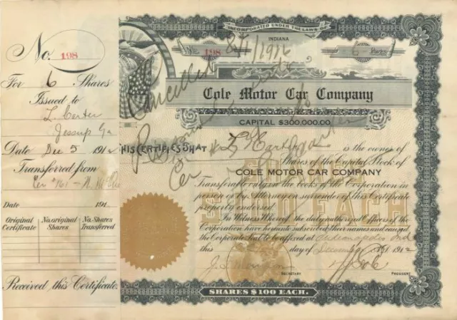 Cole Motor Car Co. - Automotive Stock Certificate - Automotive Stocks