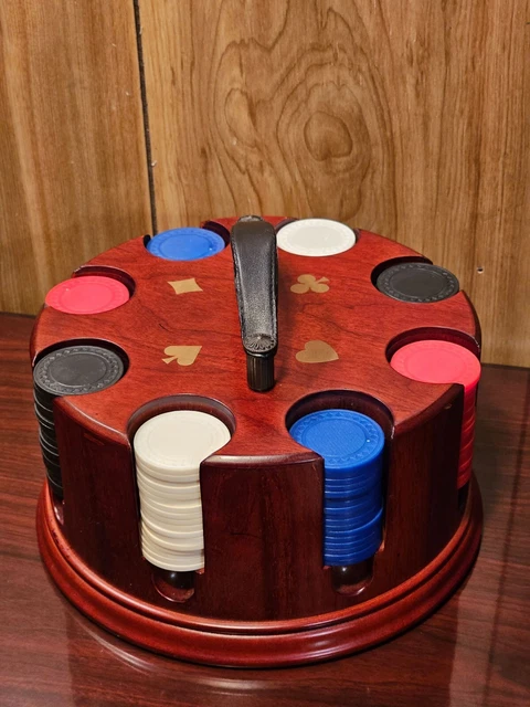 Vtg. Bombay Mahogany Wood  Poker Chip Set Carousel With Handle & 142 Poker Chips