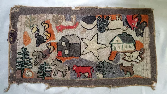RARE ANTIQUE FOLK ART HAND HOOKED RAG RUG FARM BARNYARD ANIMALS 35" x 19"