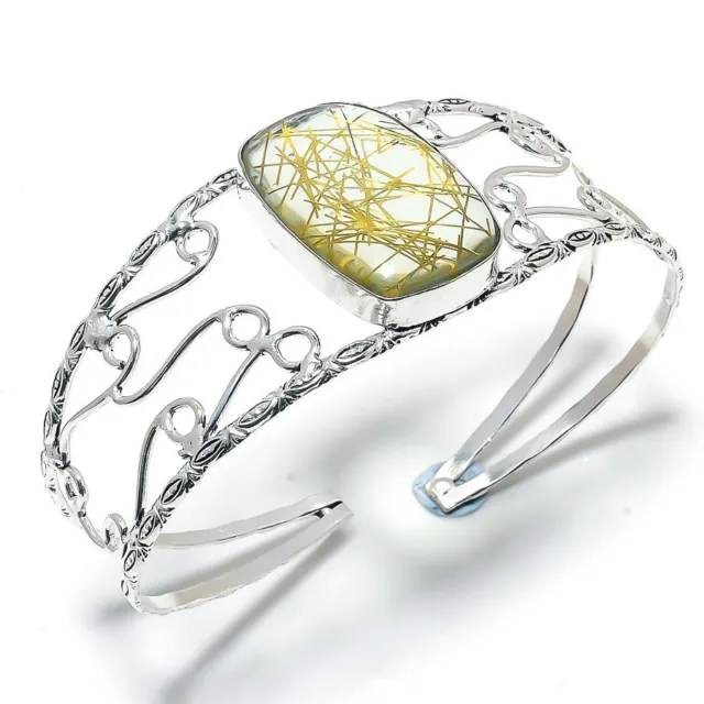 Doré Rutile Pierre Précieuse Main 925 Argent Sterling Bracelet Rigide Adaptable