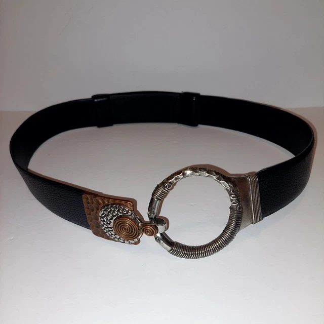 Chico's Women's Black Leather Interlock  Circle Belt Mixed Medals Size: M/L