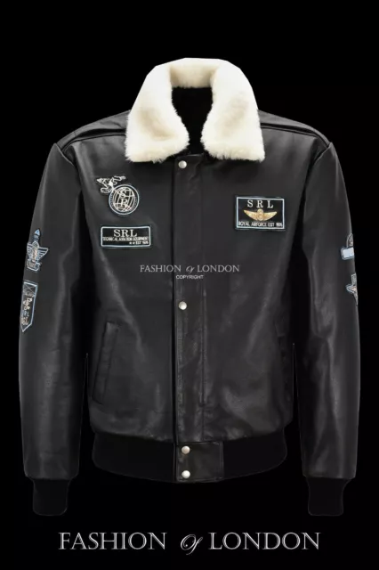 AVIATOR Men's Leather Bomber Jacket Black Hide Fur Collared Air Force Style 1224