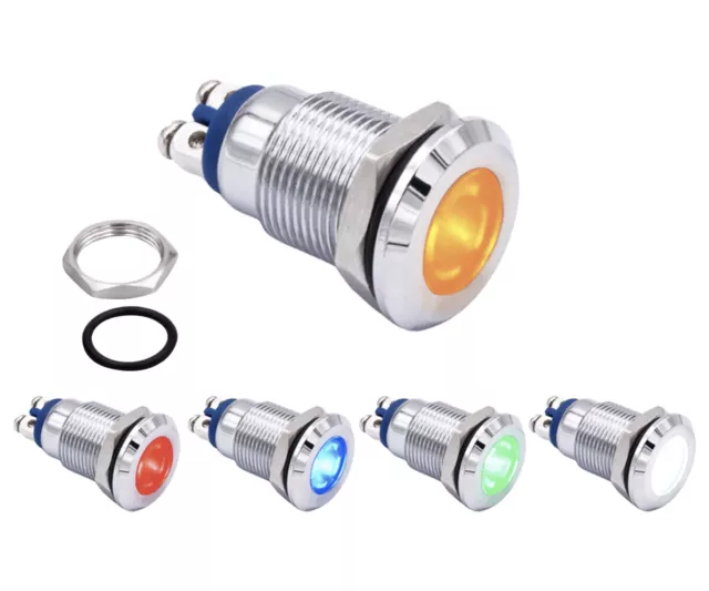 LED Signalleuchte Kontrollleuchte Meldeleuchte Metall 2 Pin 12V / 220V Ø 12mm