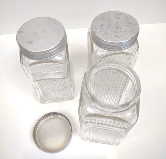 3 Vintage Hoosier Square Spice Glass Jar 4 1/4" Ribbed Pattern Napanee Set 3