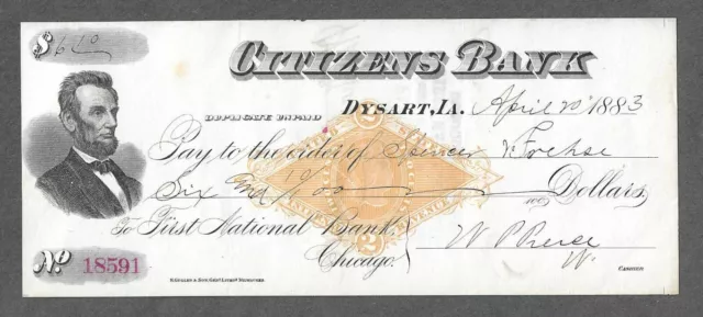 1883 Dysart Iowa Bank Draft RN-G1 "Abraham Lincoln"