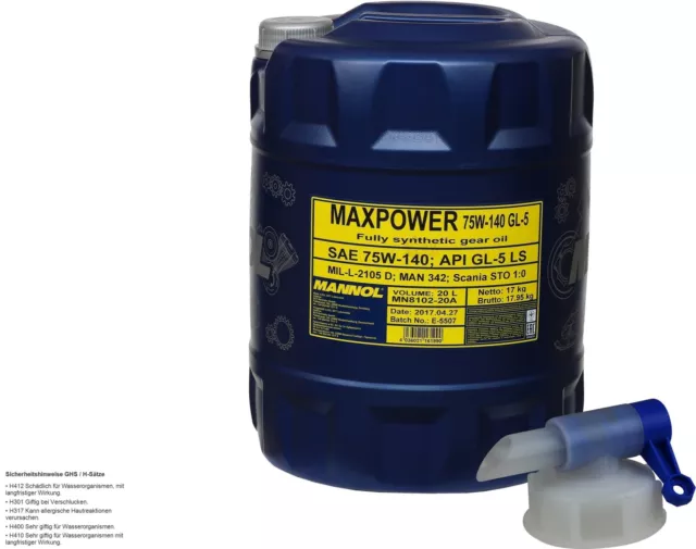 20 L MANNOL Getriebeöl Maxpower 4x4 75W-140 API GL 5 LS Gear Oil + Auslaufhahn