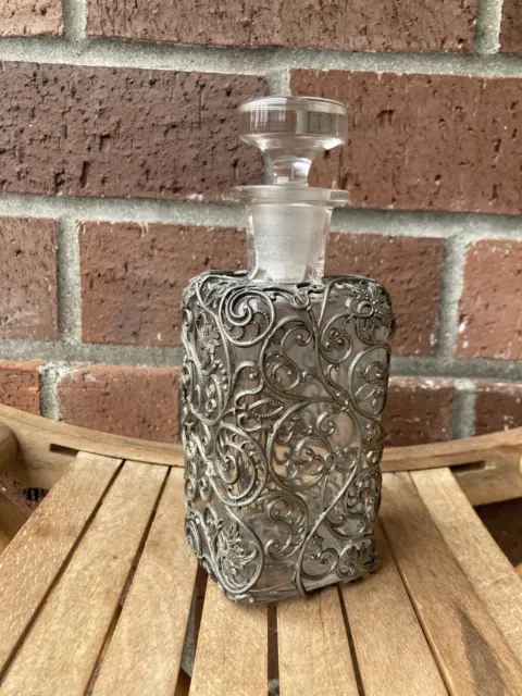 Vintage Silver Tone Clear Glass Filigree Perfume or Apothecary Style Bottle
