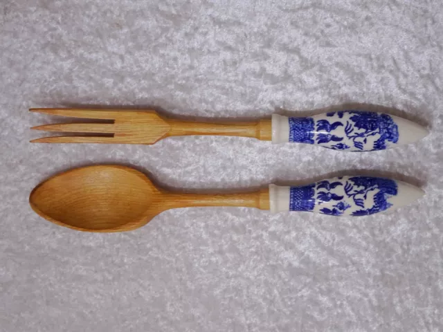 2 PC Set Wood Salad Cutlery Ceramic Handle - Asian Design - Vintage Style