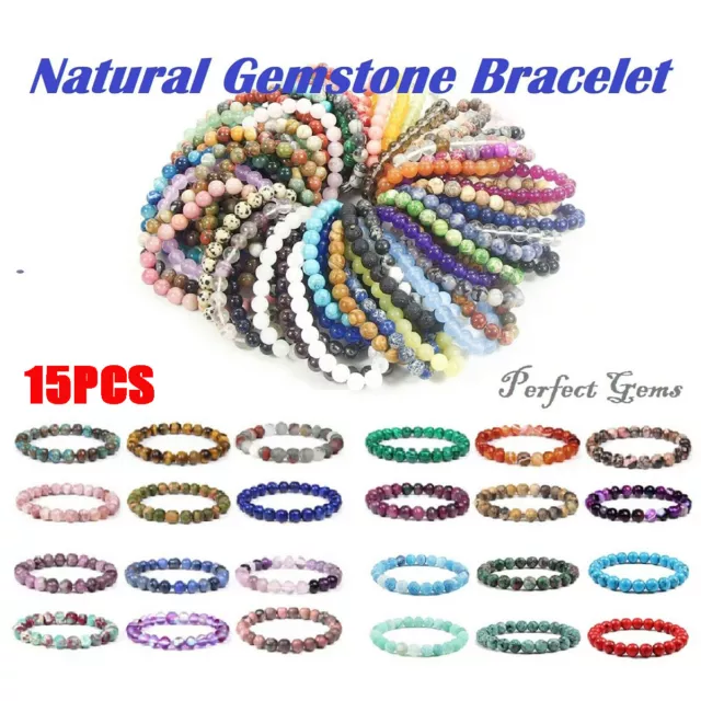 Wholesale 15Pcs Mixed Natural Gemstone Round Bead Stretchy Bracelet Reiki Chakra