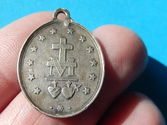 Médaille De Pèlerinage – Cœur De Jésus Et Marie, Laiton Argenté, Poitiers/Lourdes
