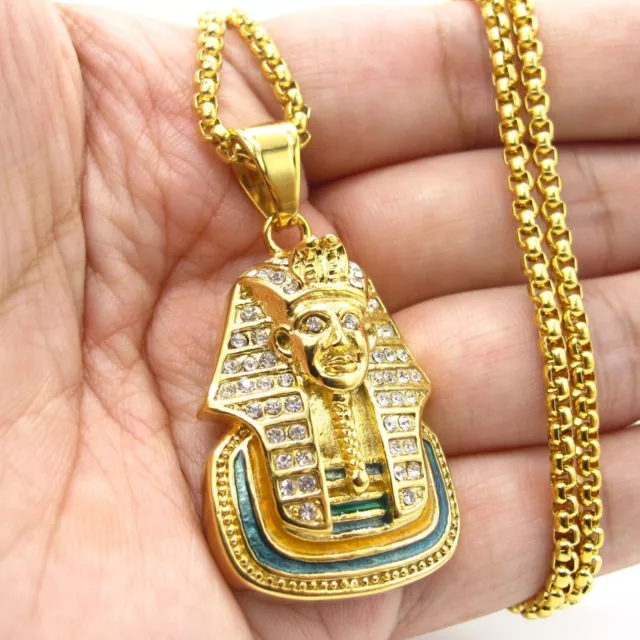 MENDEL Gold Plated Mens Egypt Egyptian CZ Hip Hop Pharaoh Pendant Necklace Chain