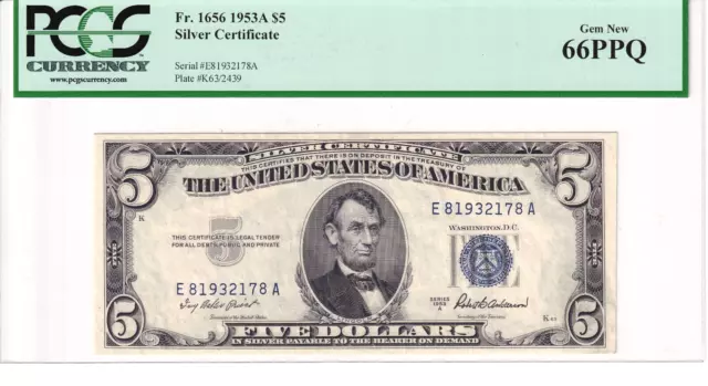 1953-A $5 Silver Certificate EA Block PCGS 66PPQ #E81932178A