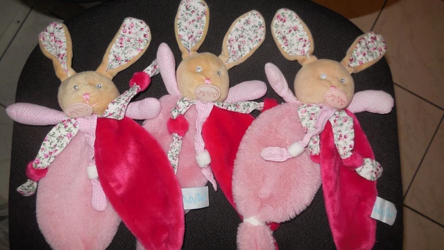 Lot 3 doudous plats lapin rose fleur Poupi BABY NAT