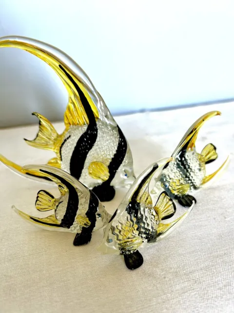 Set of 4 Vintage Hand Blown Art Glass Tropical Fish Figures Yellow Black