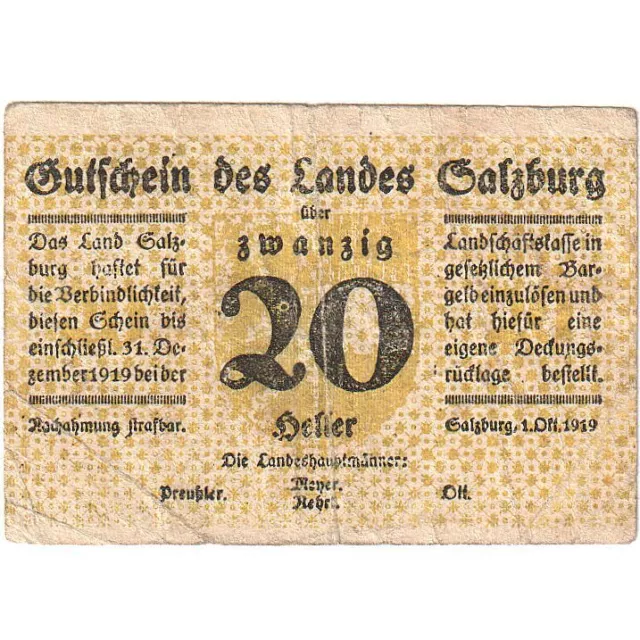 [#287886] Austria, Salzburg, 20 Heller, Texte, 1919, 1919-12-31, VF, Mehl:FS 860