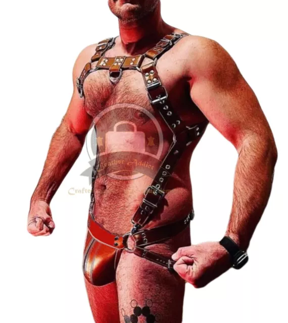 Men's Leather Harness Body Chest Armor Buckles Adjustable Strap Brown Costume