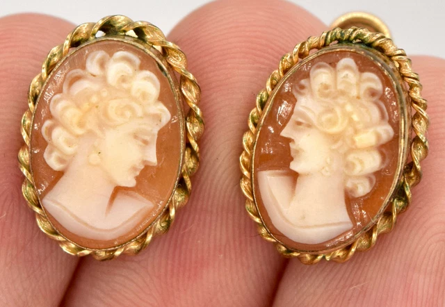 12k Gold Filled Cameo Earrings Hand Carved Signed Van Dell Screw Back Vintage