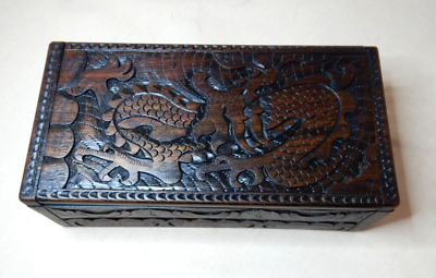 Old Oriental Carved Wood Dragon Lidded Jewellery Box
