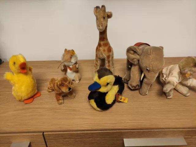 7 Steiff Tiere alt  Elefant, Giraffe, Hamster, Ente, Kücken, Hund und Affe.