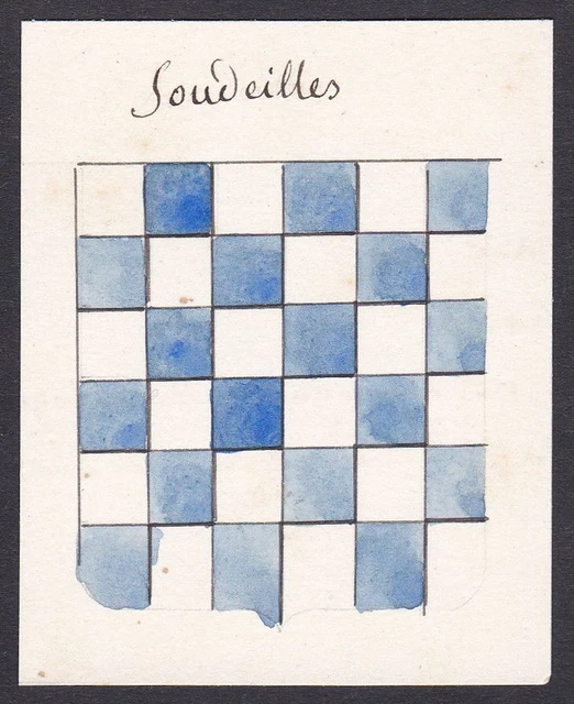 19. Siglo Soudeilles Francia Escudo Nobleza Abrigo Arms Acuarela Watercolor