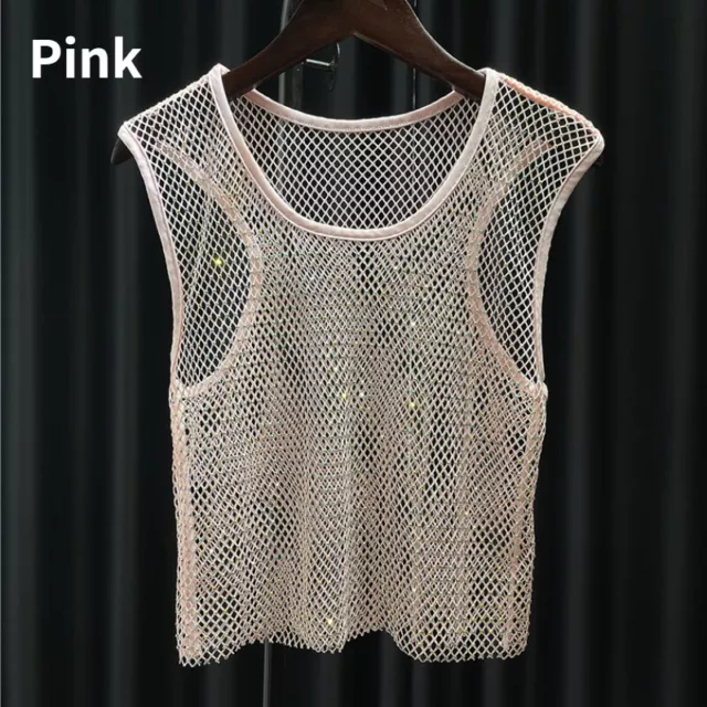 Lady Crystal Net Mesh Vest Camisole Bling Glitter Shiny Hollow Out Tank Top Sexy